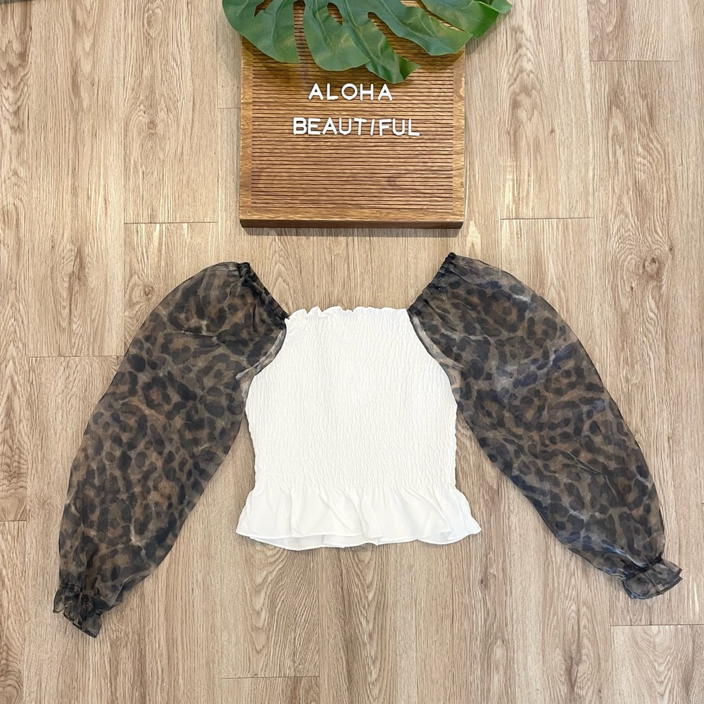 Leopard Print Sheer Puff Sleeve Top NWT